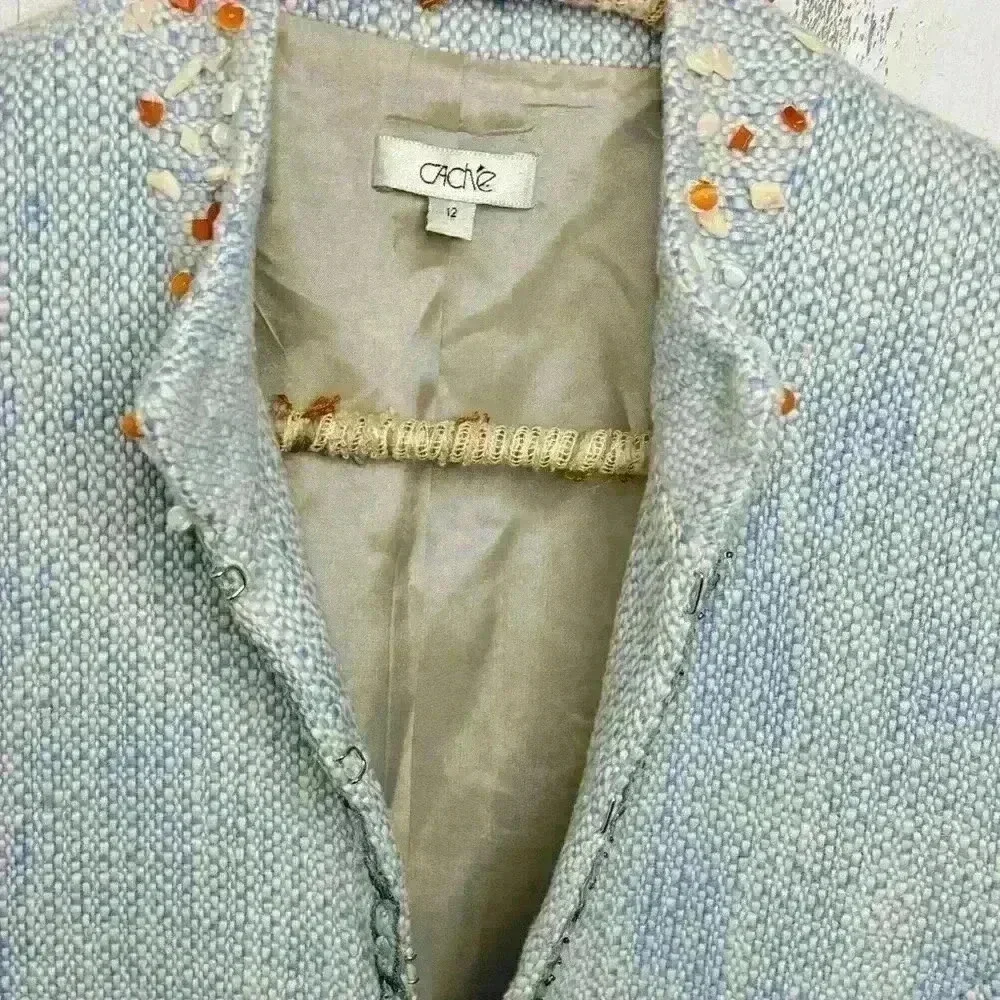 CACHE Boucle Tweed Top Jacket Lined Embellished Beads - Picture 6 of 7